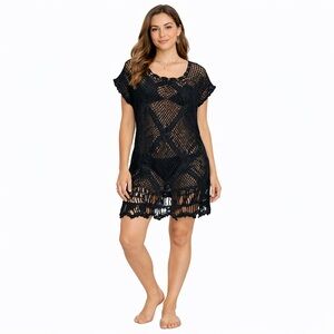 Black Crochet Swim Cover-Up Dress | Boho Beach Festival | Women’s Medium
